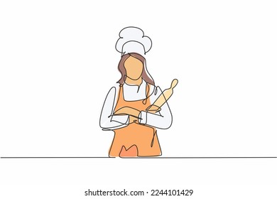 Continuous one line drawing of young attractive beauty female chef holding wood rolling pin while arm crossed on chest. Service excellent concept single line draw graphic design vector illustration