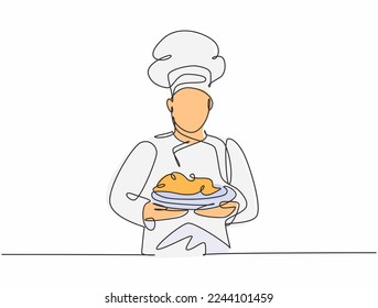 Continuous one line drawing of young handsome man chef in uniform serving main dish to customer at hotel restaurant. Healthy organic food concept single line draw graphic design vector illustration