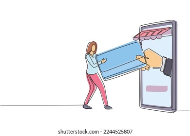 Continuous one line drawing young female inserting credit card into canopy smartphone screen and accepted by hand. Digital payment concept. Single line draw design vector graphic illustration