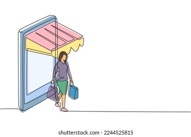 Continuous one line drawing young woman coming out of canopy smartphone screen holding shopping bags. Sale, digital lifestyle, consumerism concept. Single line draw design vector graphic illustration