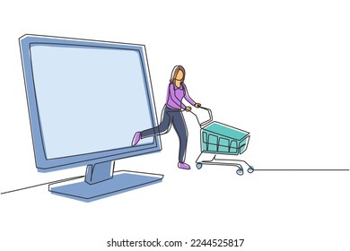 Continuous one line drawing young woman coming out of monitor screen pushing a shopping cart. Sale, digital lifestyle, consumerism people concept. Single line draw design vector graphic illustration