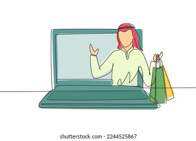 Continuous one line drawing young Arabian man coming out of laptop screen holding shopping bags. Sale, digital lifestyle and consumerism concept. Single line draw design vector graphic illustration