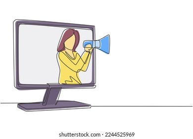 Continuous one line drawing young woman coming out of monitor screen holding megaphone. Offering product with discounts or sale. Marketing concept. Single line draw design vector graphic illustration