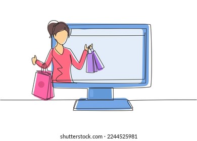 Continuous one line drawing young woman coming out of monitor screen holding shopping bags. Sale, digital lifestyle, consumerism and people concept. Single line draw design vector graphic illustration