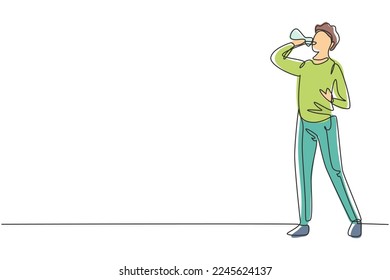 Continuous one line drawing young Arab man standing and drinking fresh water from bottle with his right hand after exercising. Healthy lifestyles. Single line draw design vector graphic illustration