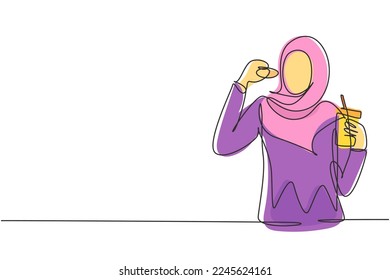Continuous one line drawing young Arabian woman having donut meal and drink cup of coffee with hand. Enjoy breakfast. Delicious and healthy food. Single line draw design vector graphic illustration