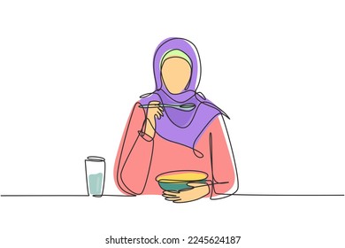 Continuous one line drawing young Arabian woman having cereal meal with milk and spoon. Enjoy breakfast at home. Delicious and healthy food concept. Single line draw design vector graphic illustration