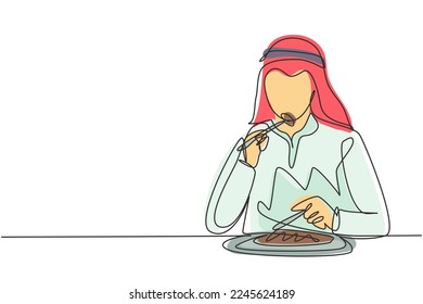 Continuous one line drawing young Arabian man having steaks meal with fork and knife around table. Enjoy lunch at restaurant. Delicious tasty food. Single line draw design vector graphic illustration