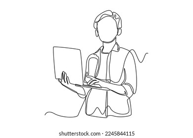 Continuous one line drawing young boy monitoring stock with laptop. Supply chain management concept. Single line draw design vector graphic illustration.