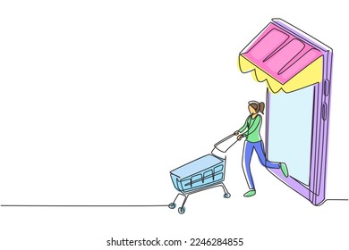 Continuous one line drawing young woman coming out of canopy smartphone screen pushing a shopping cart. Sale, digital lifestyle consumerism concept. Single line draw design vector graphic illustration