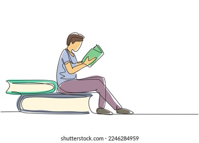 Continuous one line drawing young man reading, learning and sitting on big books. Study in library. Literature fans or lovers, education concept. Single line draw design vector graphic illustration