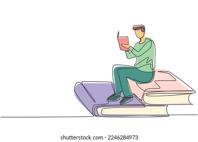 Continuous one line drawing young man reading, learning and sitting on big books. Study in library. Literature fans, student, education concept. Single line draw design vector graphic illustration