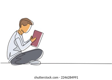 Continuous one line drawing young male reading, learning and sitting on the floor. Study in library. Intelligent student, education concept, fair. Single line draw design vector graphic illustration