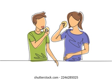 Continuous one line drawing young couple having donuts meal at restaurant. Happy teenagers smiling and laughing together. Talking friendship style. Single line draw design vector graphic illustration