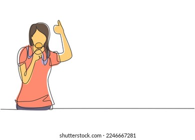 Continuous one line drawing young woman wearing jersey biting her medal after winning world sports competition. Unforgettable moment of victory. Single line draw design vector graphic illustration