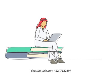 Continuous one line drawing young Arabian man studying with laptop and sitting on big book. Back to school, intelligent student, online education. Single line draw design vector graphic illustration