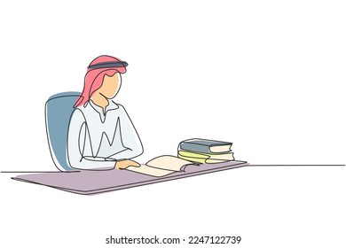 Continuous one line drawing young Arab male reading, learning and sitting on chair around table. Study in library. Smart student, education concept. Single line draw design vector graphic illustration