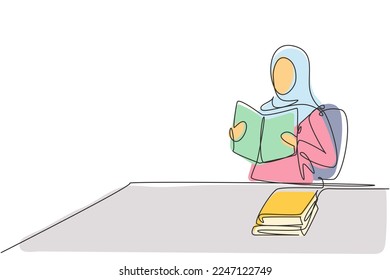 Continuous one line drawing young Arabian female reading, learning and sitting on chair around table. Study in library. Smart student, education. Single line draw design vector graphic illustration