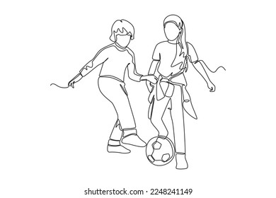 Continuous one line drawing Young boy and girl playing football in the field. Sports With Friends
 concept. Single line draw design vector graphic illustration.