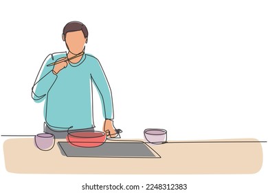 Continuous one line drawing young handsome male mixing tomato sauce, tasting, and relish meal with wooden spatula. Prepare food at cozy kitchen. Single line draw design vector graphic illustration