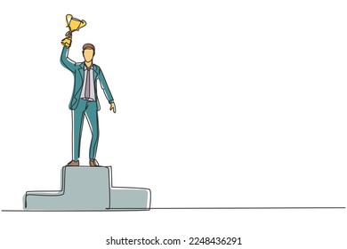 Continuous one line drawing young businesswoman wearing blazer holding golden trophy with both hands. Symbol of achievement business performance. Single line draw design vector graphic illustration