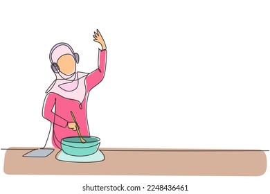 Continuous one line drawing young beautiful Arab woman drinking orange juice while making phone call with smartphone and having breakfast at home. Single line draw design vector graphic illustration