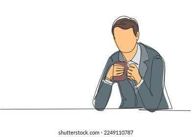 Continuous one line drawing young man sitting and holding cup of coffee with both hands. Enjoy the afternoon break at the office. Success lifestyle. Single line draw design vector graphic illustration