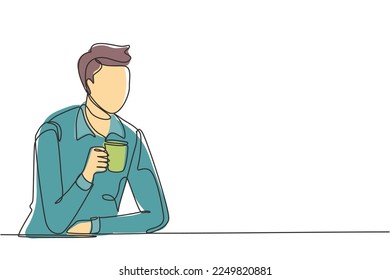 Continuous one line drawing young man sitting and holding a cup of coffee in one hand. Enjoy morning before work at office. Success person concept. Single line draw design vector graphic illustration