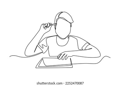 Continuous one line drawing young boy thinking about budget planning. Budget planner concept. Single line draw design vector graphic illustration.