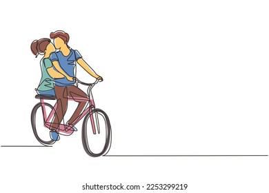 Continuous one line drawing young loving couple cycling. Romantic human relations, love story, newlywed family in honeymoon traveling adventure, passion, emotions. Single line design vector graphic