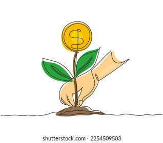 Kontinuierlich eine Linie zeichnen junge Frau, die Geld Baum im Garten pflanzt. Geldbaum-Investitionen Wachstum Einkommen Sparwirtschaft Fonds Markt. Vektorgrafik-Illustration mit Einzelzeilenzeichnung