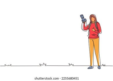 Kontinuierlich eine Linie zeichnen junge süße professionelle Fotografen mit Kamerafreuden machen Fotografie im Freien, Urlaub, Wanderkonzept. Vektorgrafik-Illustration mit Einzelzeilenzeichnung