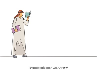 Continuous one line drawing young Arabian man stands and holds book in his hands. Guy reading book. Student in library. Male spending spare time by reading literature. Single line draw design vector