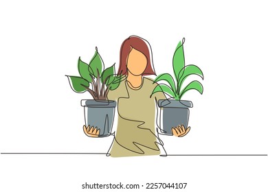 Continuous one line drawing young woman holding different houseplants in pots. Female character taking care of houseplants. Potted plants in the house. Single line draw design vector illustration