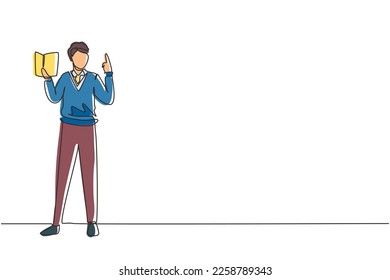 Continuous one line drawing young man professor standing in front of class with book on his hands, male teacher students in classroom at school. Single line draw design vector graphic illustration