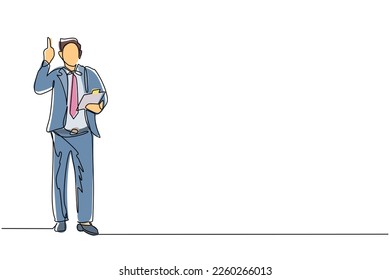 Continuous one line drawing young businessman wearing suit holding clipboard and pointing index finger up. Active person keeping file pad in hand. Single line draw design vector graphic illustration