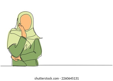 Continuous one line drawing young Arabian woman holding hand cheek and crossed hand  Bored tired person keeping hand face  Female suffering from toothache  Single line draw design vector