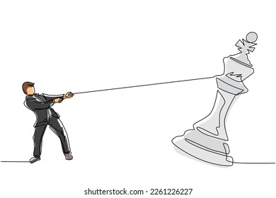 Continuous one line drawing young businessman pulling big king chess with rope. Business achievement goal, strategy, competitive, strategic concept. Single line draw design vector graphic illustration