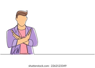 Continuous one line drawing young man crossing arms   saying no gesture  Person making X shape  stop sign and hands   negative expression  Single line draw design vector graphic illustration
