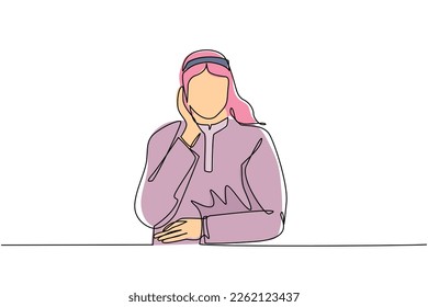 Continuous one line drawing young Arabian man holding hand cheek and crossed hand  Bored tired person keeping hand face  Male suffering from toothache  Single line draw design vector graphic