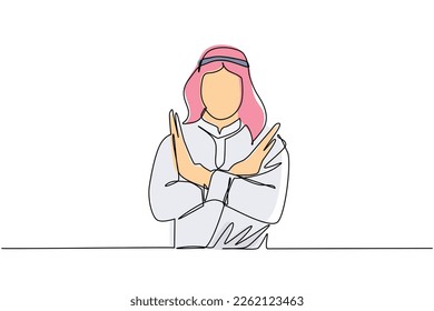 Continuous one line drawing young Arab man crossing arms and saying no gesture. Person making X shape, stop sign with hands and negative expression. Single line draw design vector graphic illustration