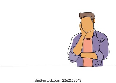 Continuous one line drawing young man holding hand cheek and crossed hand  Bored tired person keeping hand face  Male suffering from toothache  Single line draw design vector illustration