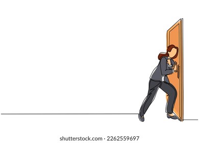 Continuous one line drawing young businesswoman running wants to break down the door. Business struggle. Strength for success. Opening closed doors. Single line draw design vector graphic illustration
