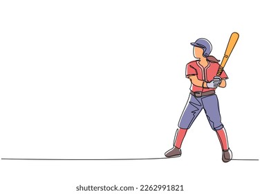 Continuous one line drawing young agile woman baseball player ready to hit the ball. Baseball league professional tournament. Sport exercise healthy concept. Single line draw design vector graphic