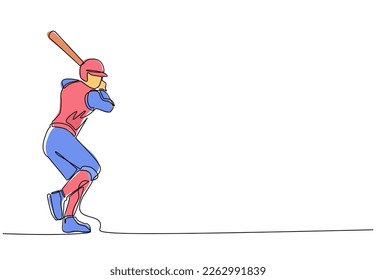 Continuous one line drawing young agile man baseball player ready to hit the ball. Baseball league professional tournament. Sport exercise healthy concept. Single line draw design vector illustration