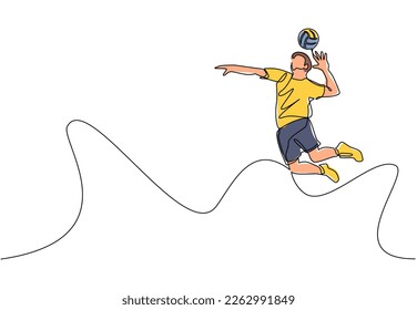 Continuous one line drawing young man volleyball athlete player in action jumping spike on court. Team sport game tournament. Health activity exercise. Single line draw design vector illustration