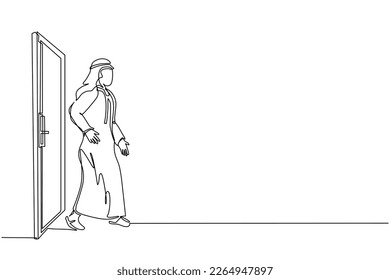 Una línea contínua dibujando al joven empresario árabe caminando y saliendo a puerta cerrada. Nuevos negocios. Entrando en un nuevo mercado. Crecimiento profesional. ilustración vectorial de diseño de línea única