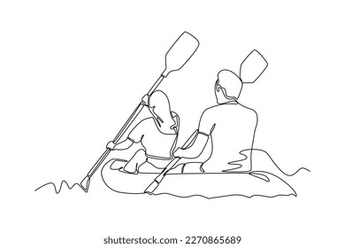 Continuous one line drawing Young couple kayaking on lake together. Travel experience concept. Single line draw design vector graphic illustration.