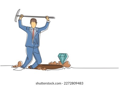 Continuous one line drawing young businessman in hole prancing happily while lifting pickaxe with both hands and finding diamond or precious stone. Single line draw design vector graphic illustration