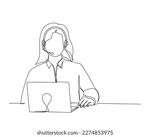 Dibujo continuo de una línea de una joven sentada frente a un ordenador con auriculares. mujer simple como ilustración de vector de contorno serio del cliente.